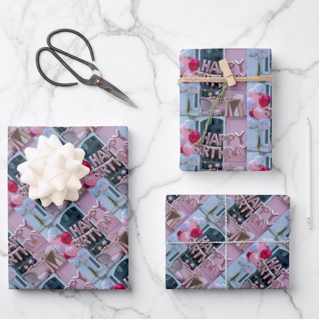 Luxe Pink Happy Birthday Wrapping Paper Set Geschenkpapier Set (Vorderseite)