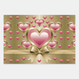 Luxe Pink Hearts Gold Glitzer Ribbon Bow Wrapping Geschenkpapier Set