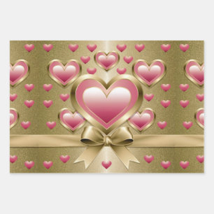 Luxe Pink Hearts Gold Glitzer Ribbon Bow Wrapping Geschenkpapier Set