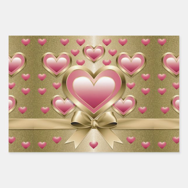 Luxe Pink Hearts Gold Glitzer Ribbon Bow Wrapping Geschenkpapier Set (Vorderseite)