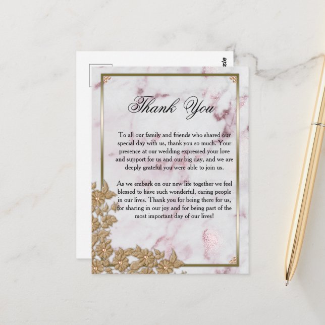 Luxe Pink Marmor und Perlen Hochzeit Vielen Dank Postkarte (Vorderseite/Rückseite Beispiel)