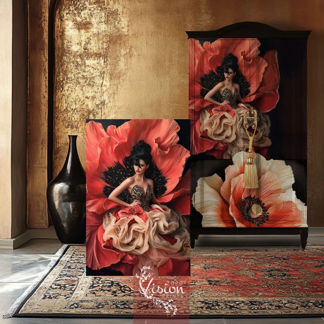 Luxe Poppy Plumes Portrait Bouffant Couture Seidenpapier (Red Coral, Luxe Poppy Blooms, Elegant bouffant couture, portrait art decoupage tissue paper. )