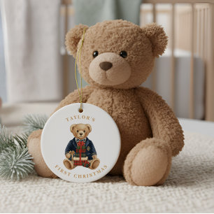 Luxe Preppy Karo Teddybär 1. Weihnachten Keramik Ornament
