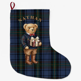 Luxe Preppy Plaid Christmas Teddy Bear Photo Card Großer Weihnachtsstrumpf