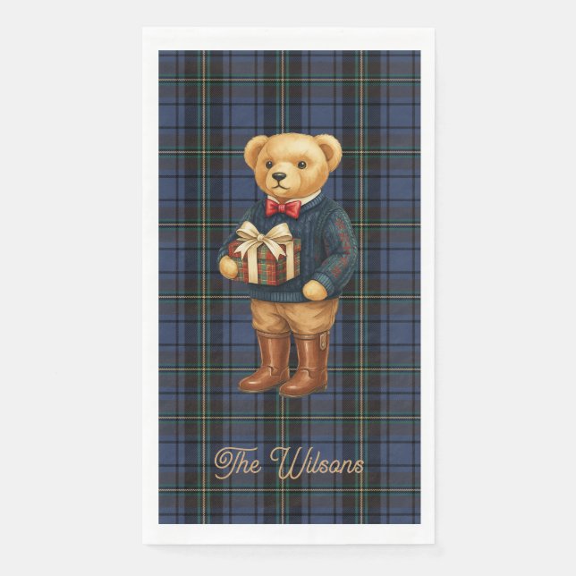 Luxe Preppy Plaid Christmas Teddy Bear  Serviette (Vorderseite)