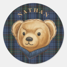 Luxe Preppy Plaid Teddy Bear Head Runder Aufkleber