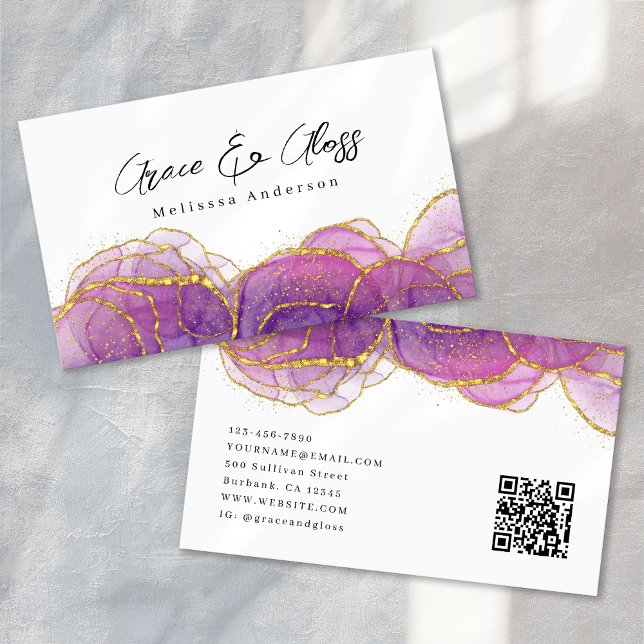 Luxe Purple Gold Glitter Nail Salon QR Code Visitenkarte (Von Creator hochgeladen)