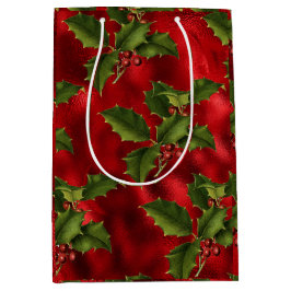 Luxe Red Foil, Green Holly Red Berries Mittlere Geschenktüte