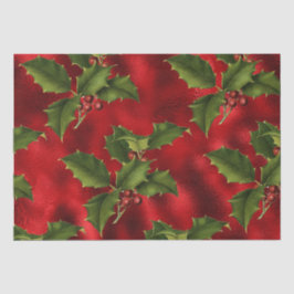 Luxe Red Foil, Green Holly, Red Berries Wrapping P Seidenpapier