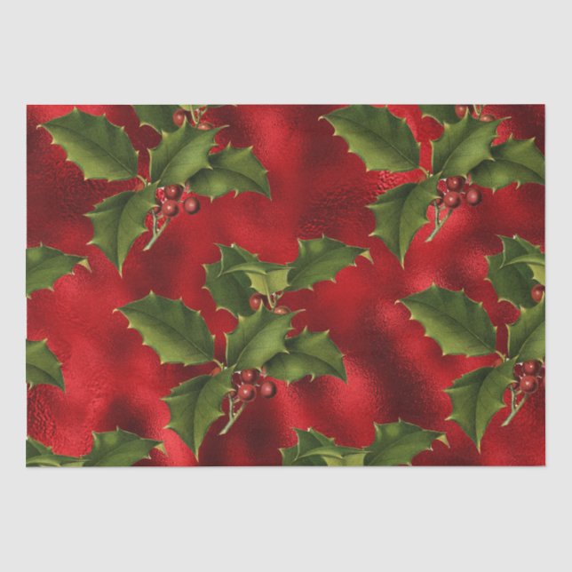 Luxe Red Foil, Green Holly, Red Berries Wrapping P Seidenpapier (Vorderseite)