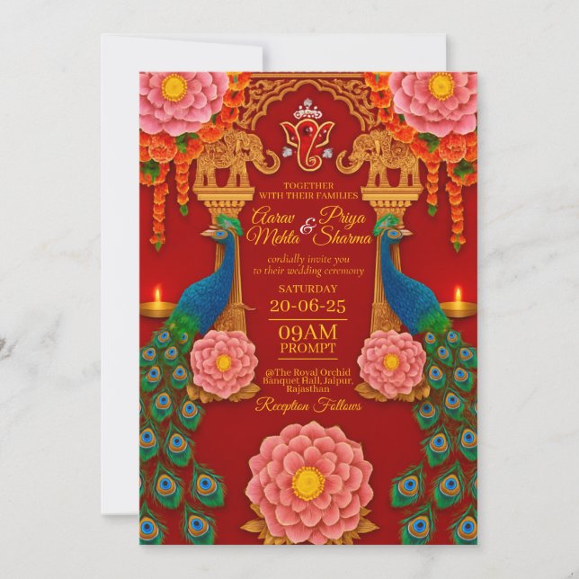Luxe Red & Gold Faire-part de mariage indienne (Devant)