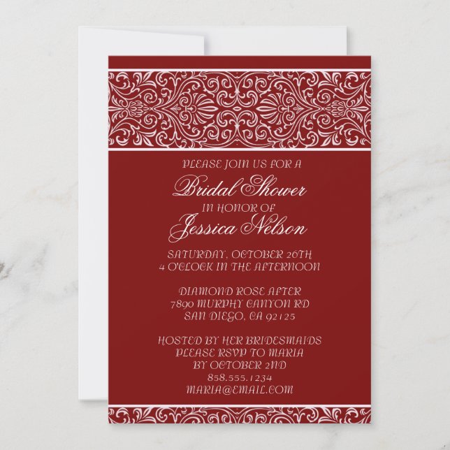 Luxe Red Lace Elegant Invitation Fête des mariées (Devant)