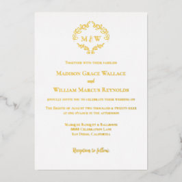 Luxe Romantische Wreath Monogram White Gold Hochze Folieneinladung