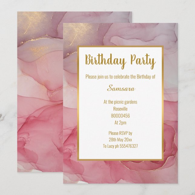 LUXE ROSE BLEU MARBRE ROSE ANNIVERSAIRE INVITATION (Devant / Derrière)