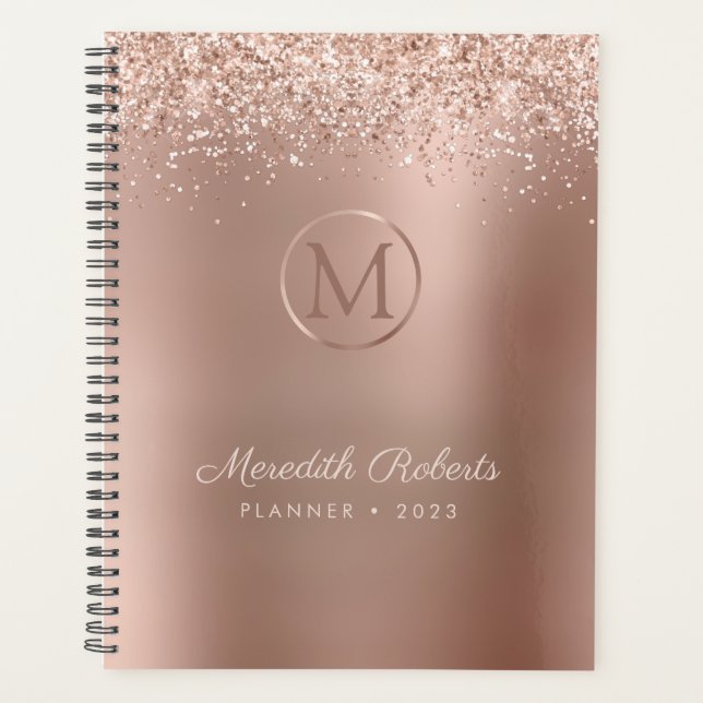 Luxe Rose Gold Blush Glitzer Metallic Monogram Planer (Vorderseite)