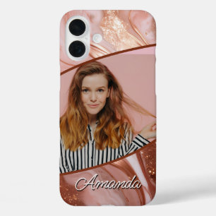 Luxe Rose Gold Glitzer Marble Foto iPhone 16 Plus Hülle