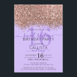 Luxe Rose Gold Lavender Glitzer Confetti Sweet 16 Einladung<br><div class="desc">Das elegante, glamouröse und moderne 16 . Geburtstag Geburtstagsfest lädt zum zeitgenössischen und stilvollen Teenager ein. Es verfügt über ein Imitat gedruckt Rose Gold funkelnd Glitzer Konfetti gesprenkelt Farbblock auf einem einfachen Lavendel lila Hintergrund mit einer großen Zahl "16" in einem passenden rosa goldfarben. Die Rückseite zeigt den gleichen Glitzer,...</div>