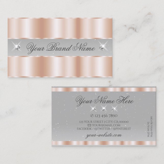 Luxe Rose Gold Light Gray Sparkle Jewels Luxuriöse Visitenkarte (Vorne/Hinten)