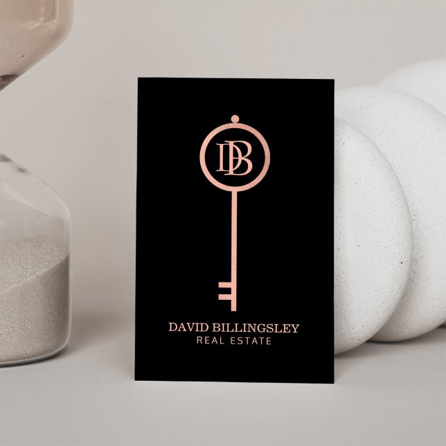 Luxe Rose Gold Skeleton Key Monogram Realtor Visitenkarte (Von Creator hochgeladen)