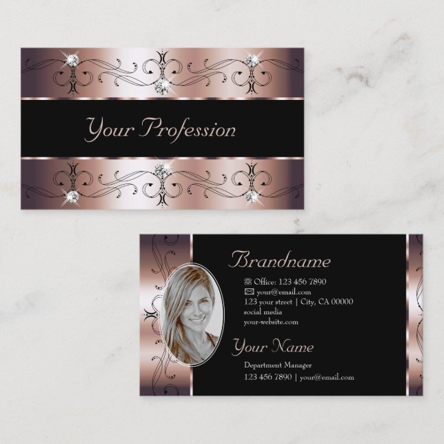 Luxe Rose Gold und Schwarze Verzierte Grenzen mit  Visitenkarte (Vorne/Hinten)
