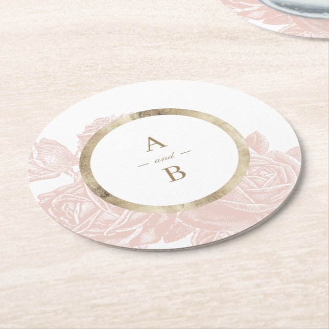 Luxe Rose Goldmedaille Hochzeitsmonogramm Runder Pappuntersetzer (Angewinkelt)