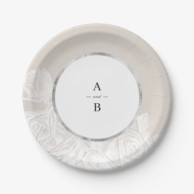 Luxe Rose neutral Vintag Blumen Hochzeitsmonogramm Pappteller (Vorderseite)