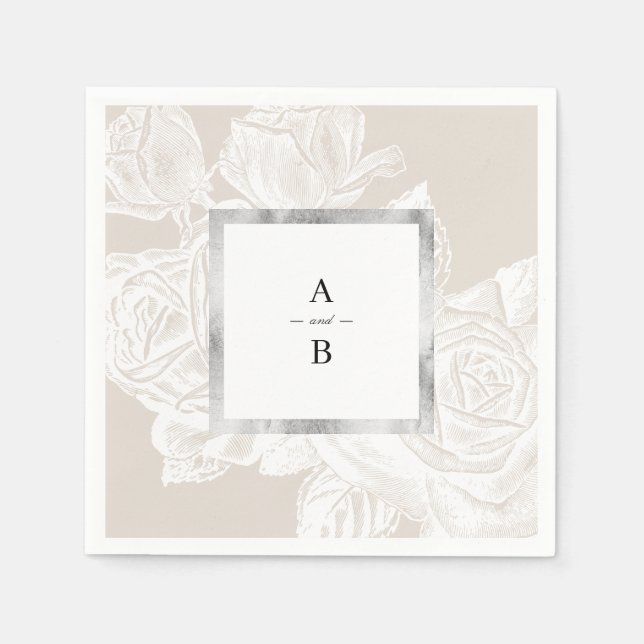 Luxe Rose neutral Vintag Blumen Hochzeitsmonogramm Serviette (Vorderseite)