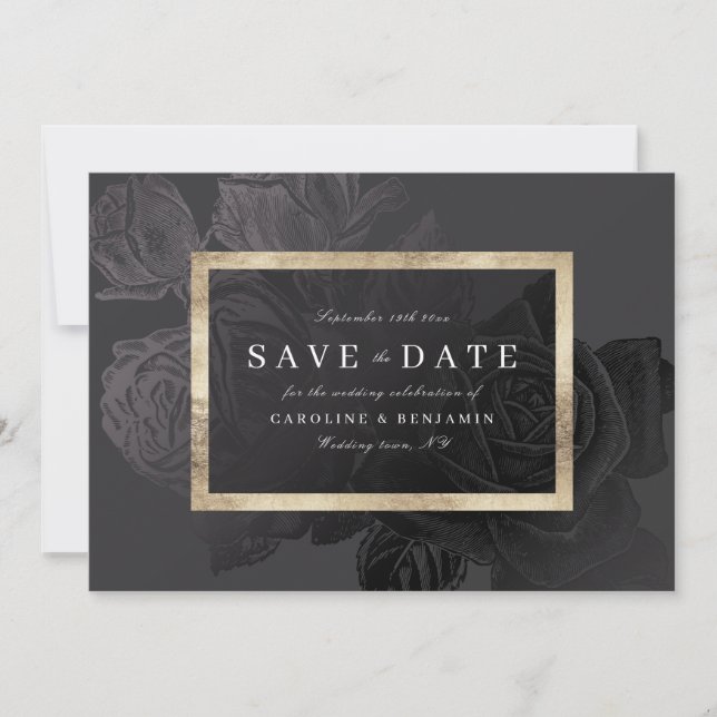 Luxe Rose schwarz Vintag botanisch Save the Date (Vorderseite)