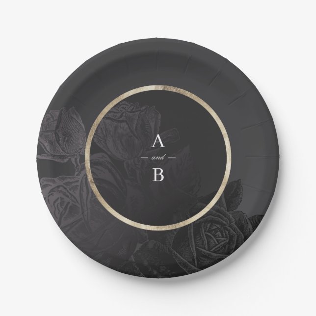 Luxe Rose Schwarz Vintage botanische Hochzeitsmono Pappteller (Vorderseite)