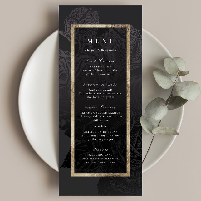 Luxe Rose Schwarzes Gold Vintage botanische Hochze Menükarte (Luxe rose black gold vintage botanical wedding menu)