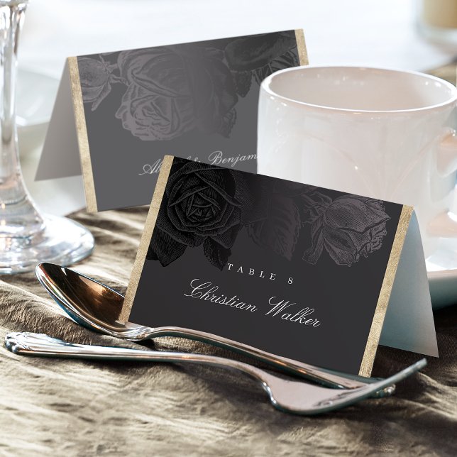 Luxe Rose schwarzes Gold Vintage botanische Platzk Tischnummer (Luxe rose black gold vintage botanical Place Card)