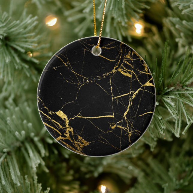 Luxe Schwarz und Gold Marmortextur Keramik Ornament (Baum)