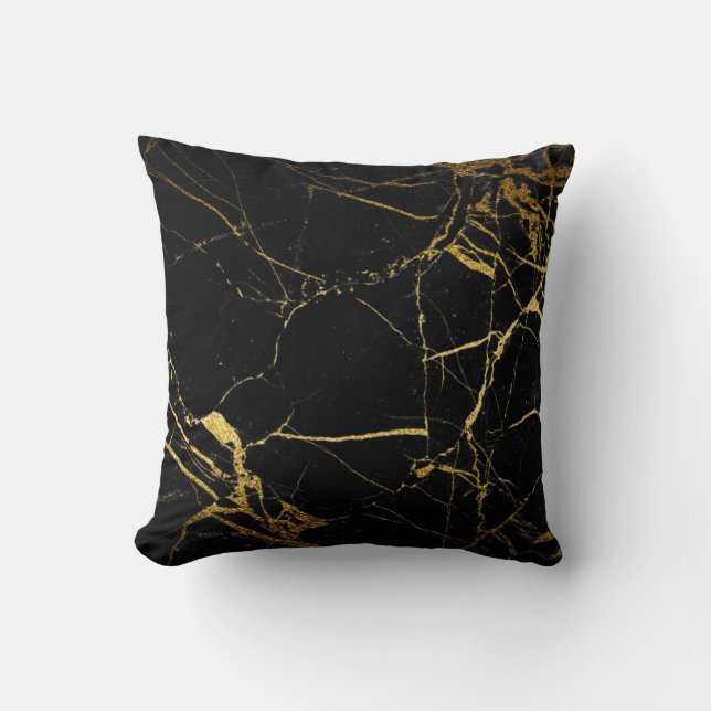 Luxe Schwarz und Gold Marmortextur Kissen (Vorderseite)