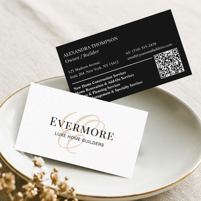 Luxe Schwarz Weiß Monogramm Home Contractor QR Cod Visitenkarte (Luxe Black White Monogram Home Contractor QR Code Business Card)