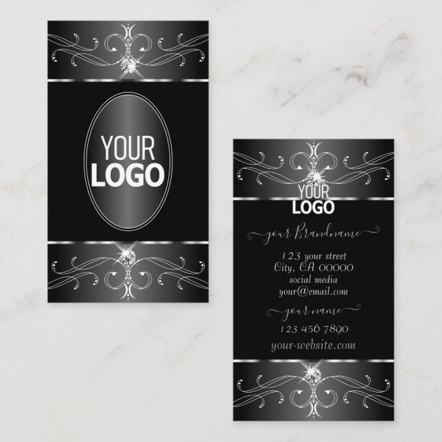 Luxe Silber Schwarz-weiße Verzierte Ornamente mit  Visitenkarte (Vorne/Hinten)