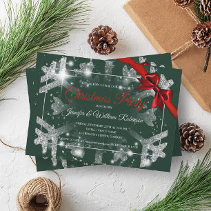 Luxe Silver Glitzer Xmas Holiday Red Ribbon Green Einladung