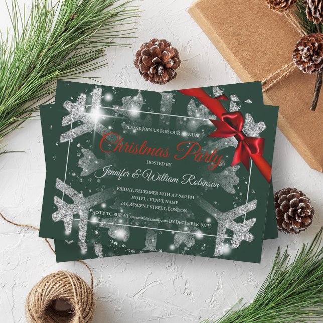 Luxe Silver Glitzer Xmas Holiday Red Ribbon Green Einladung (Luxe Silver Glitter Xmas Holiday Red Ribbon Green Invitation)