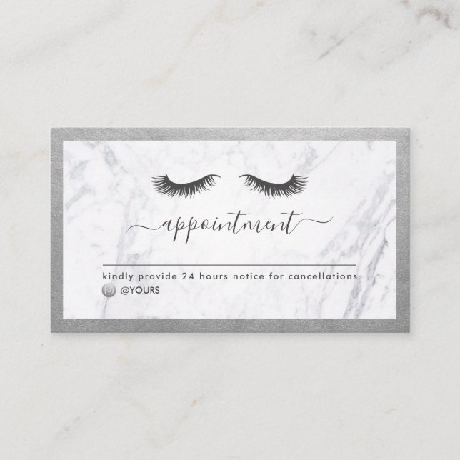 Luxe Silver & Marble Eyelash Beauty Ernennung Visitenkarte (Vorderseite)