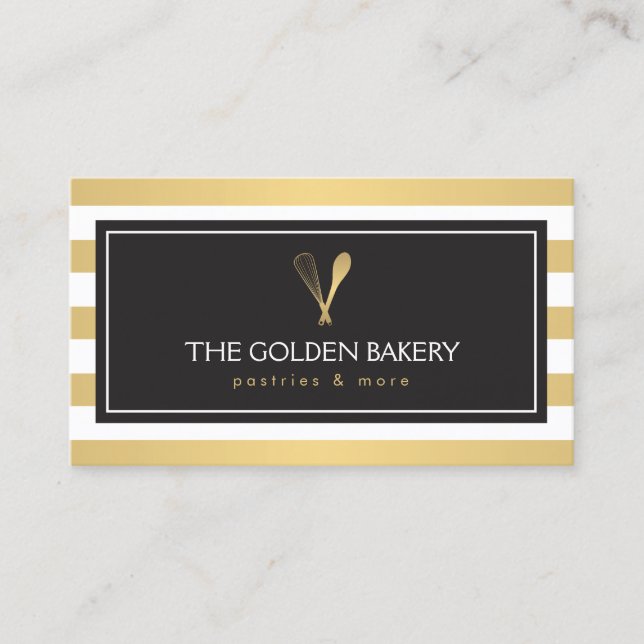 Luxe Striped Gold Whisk Spoon Logo Bakery, Koch II Visitenkarte (Vorderseite)