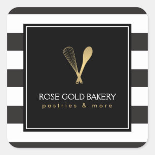 Luxe Striped Gold Whisk Spoon Logo Bakery, Koch Quadratischer Aufkleber