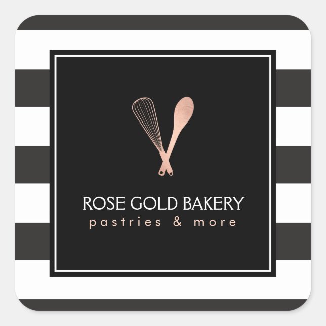 Luxe Stripte Rose Gold Whisk Spoon Logo Bäckerei Quadratischer Aufkleber (Vorderseite)