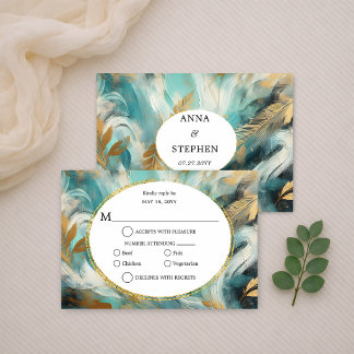 Luxe Turquoise Gold Brushstroke RSVP Karte