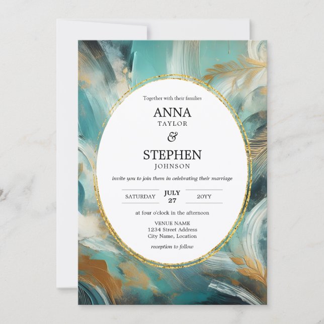 Luxe Turquoise Gold Brushstroke Wedding Einladung (Vorderseite)