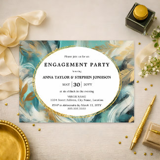 Luxe Turquoise Gold Brushstrokes Engagement Party Einladung