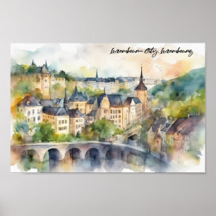 Luxemburg Stadt Aquarellmalerei Panoramablick Poster