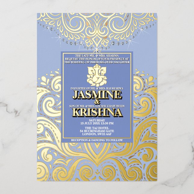 LuxGlitter Blue Gold Ganesha Hindu Wedding Folieneinladung (Vorderseite)