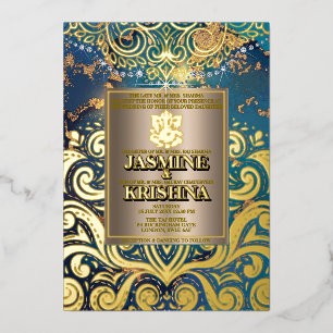 LuxGlitter Blue Gold Hindu Ganesha Indian Wedding Folieneinladung