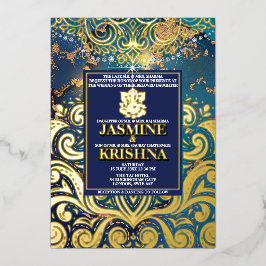 LuxGlitter Blue Gold Hindu Ganesha Indian Wedding Folieneinladung