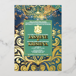 LuxGlitter Blue Gold Hindu Ganesha Indian Wedding Folieneinladung