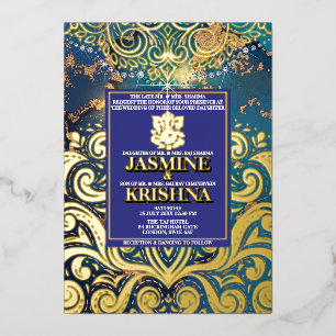 LuxGlitter Blue Gold Hindu Ganesha Indian Wedding Folieneinladung